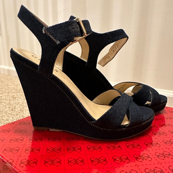 NIB Guess Blue Jean Ankle strap Wedge Heels - Picture 2 of 6